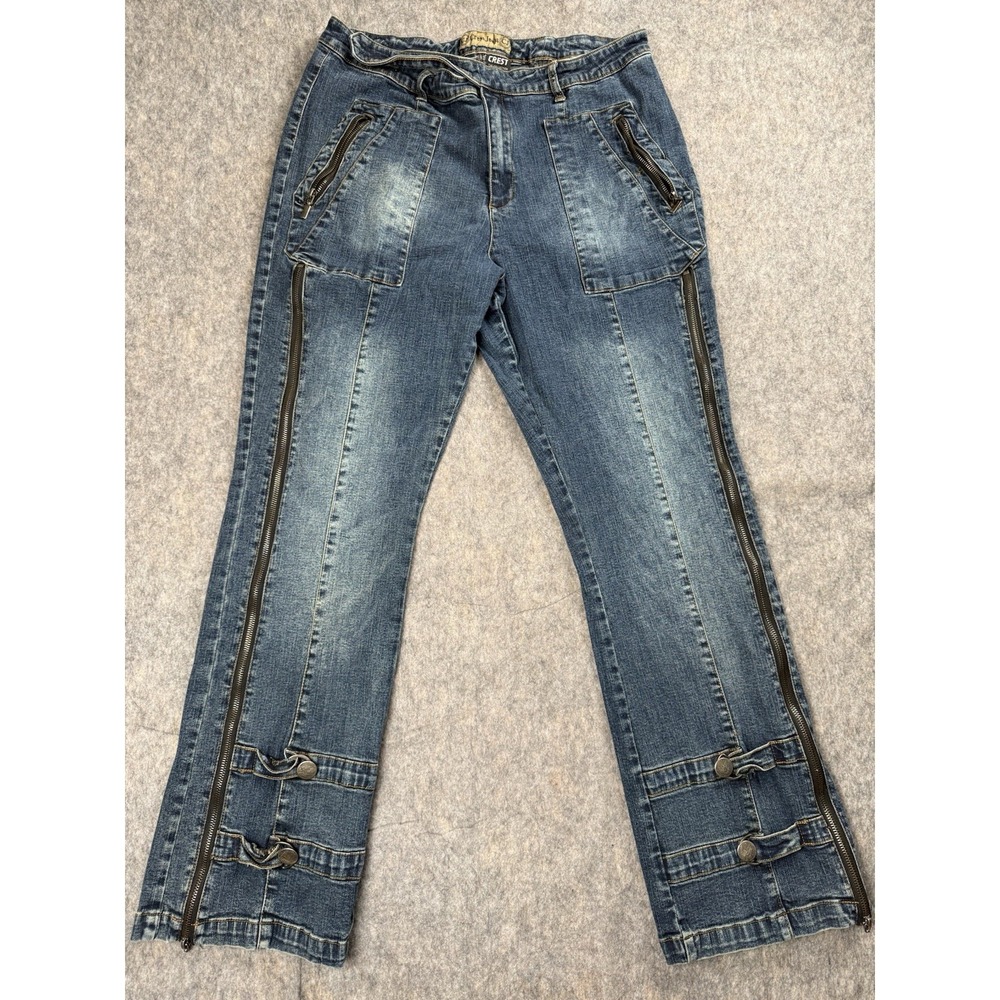 Vtg. Women's Y2K Crest Jeans Criss Cross Zip Up Low Rise Flare Jeans Size 19/20